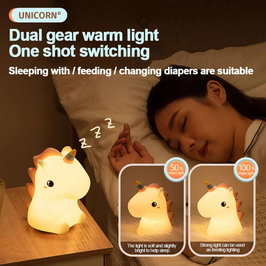 Unicorn Cute Silicone LED Night Light For Kids children USB Rechargeable Cartoon