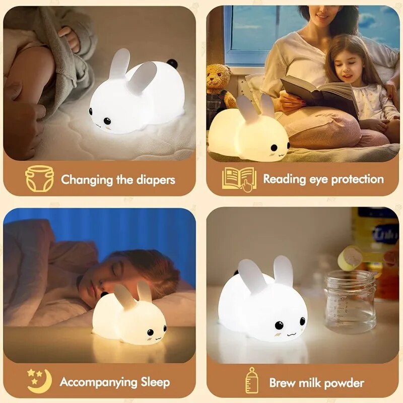 Rabbit LED Night Light Remote Control Dimmable RGB Rechargeable Silicone Bunny Lamp Touch Sensor