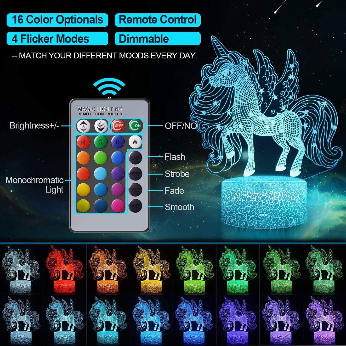 3D LED Unicorn Night Light for Kids Gifts Toys Unicorn Lamp 16 Colors Change with Remote