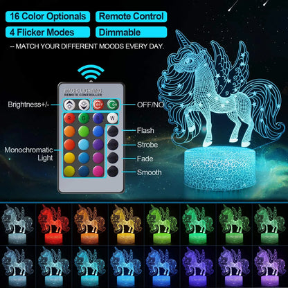 3D LED Unicorn Night Light for Kids Gifts Toys Unicorn Lamp 16 Colors Change with Remote