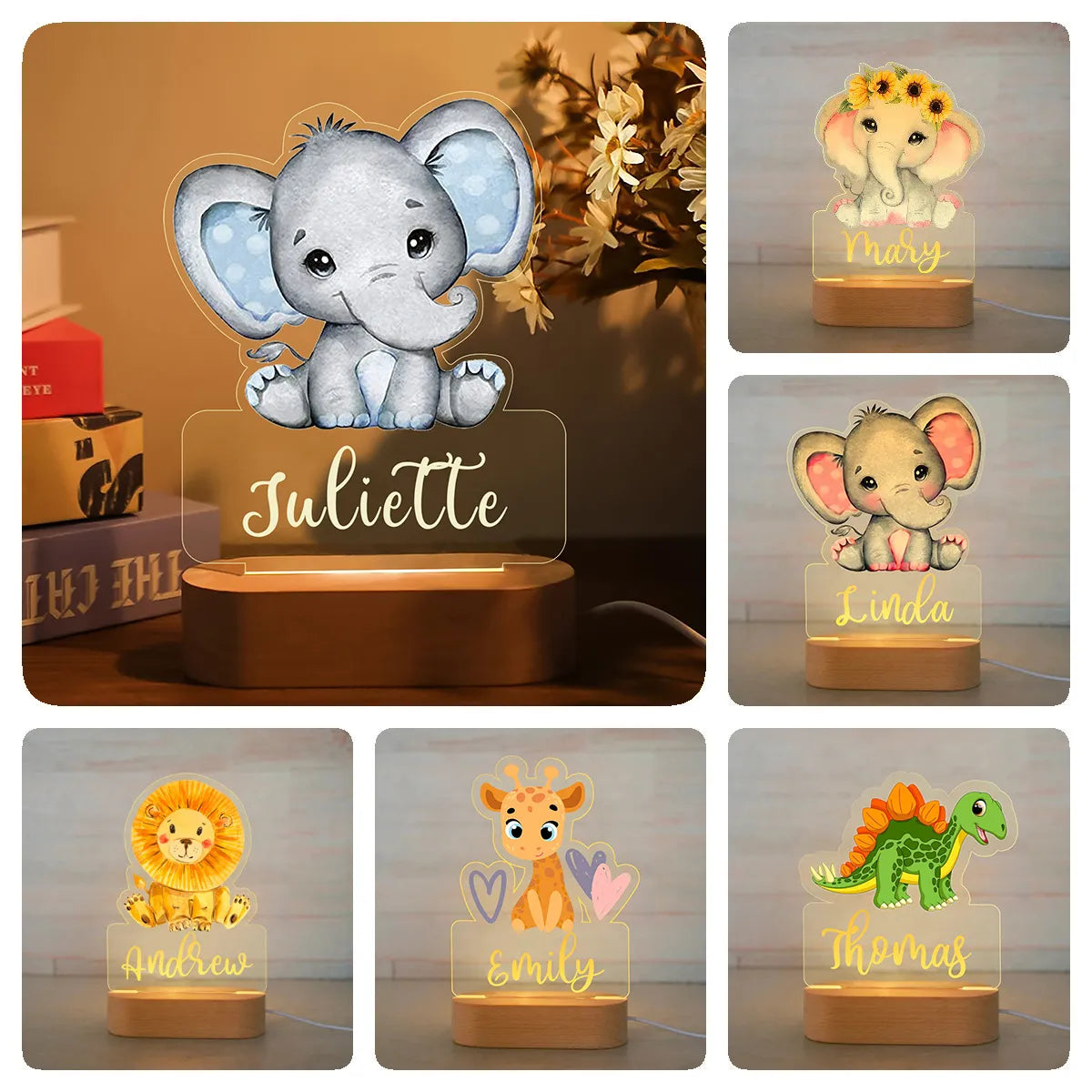 Animal LED USB Night Light Custom Name Acrylic Lamp For Baby Kids Bedroom Home Decoration Birthday Gift