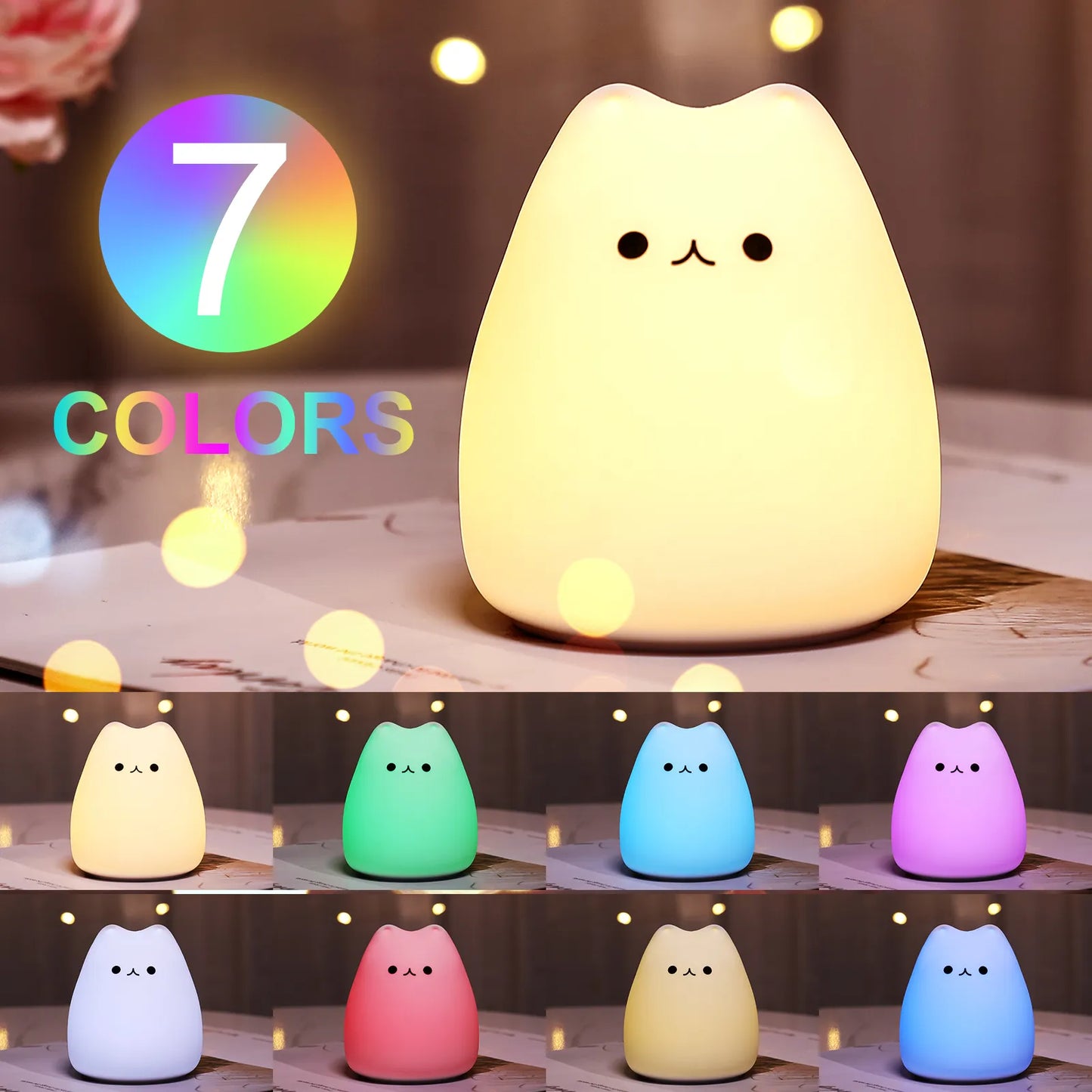 Mini Kawaii Popular Cat Baby Night Lamp 7-color Pat Touch Color-changing Eye Protection Bedroom Bedside